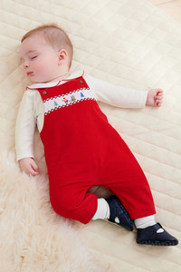 英国next童装男女宝宝婴儿红色新年加绒长袖包屁衣+背带裤套装