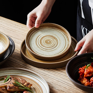 日式陶瓷餐具碗盘创意复古手工粗陶吃饭碗碟菜盘家用平盘牛排盘子