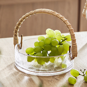 藤编手提篮创意玻璃水果盘客厅家用轻奢风零食点心盘日式ins冰桶