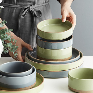 日式粗陶碗碟套装家用陶瓷吃饭碗单个深盘平盘创意餐具碗盘子菜盘