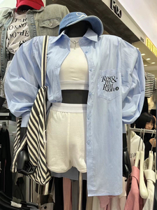 MQ夏季新款韩版宽松显瘦翻领设计印花字母衬衫长袖百搭衬衣女潮款