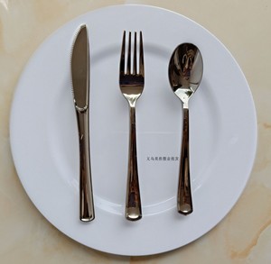 一次性电镀餐具银色大叉牛排刀叉勺套装西餐盘面盘水果拼盘白圆盘