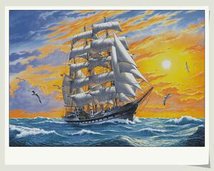 十字绣图纸重绘源文件 油画迎着朝阳的帆船