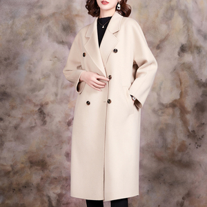 米色双面羊绒大衣女长款过膝2021秋冬新款赫本风高端羊毛呢外套女