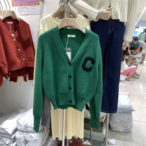 duding杜町字母刺绣长袖针织开衫女秋冬韩版温柔风复古毛衣外套潮