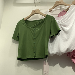 duding杜町针织短袖女夏季2022韩版新款方领修身显瘦复古纯色上衣