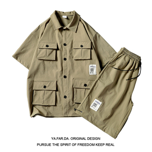 大兜四个口袋的工装衬衫男短袖衣服一套装短衣短裤两件套日系复古