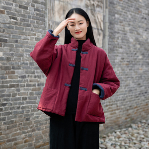 唐装棉服女宽松短款夹棉加厚棉麻外套冬季中式复古国风盘扣小棉袄