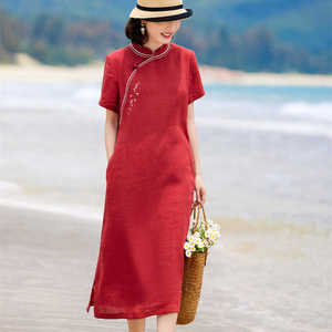 新中式国风连衣裙夏季100%纯苎麻刺绣红色晚礼服复古改良式旗袍裙