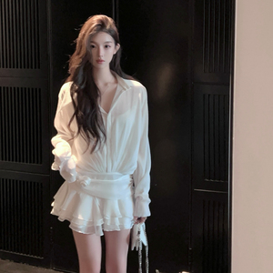 FairyJiang夏季新款白色衬衫连衣裙收腰绑带蛋糕裙短裙含吊带背心