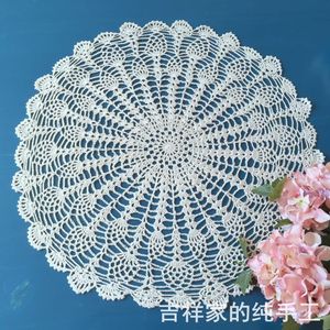 手工钩针全棉编织沙发盖巾装饰盖布 美式乡村菠萝花圆形桌布50-55