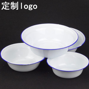 搪瓷碗怀旧面碗饭盆老式盆子汤碗汤盆纯白色蓝边复古面条碗多尺寸