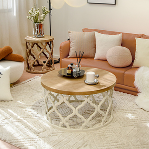 创意美式圆形茶几复古木质民宿沙发小户型茶桌边几客厅家用艺术
