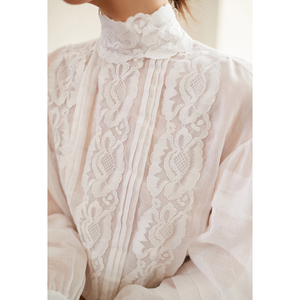 宁夏家 如仙法寇 仙柔唯美 定制进口苎麻重工蕾丝浪漫灯笼袖衬衫