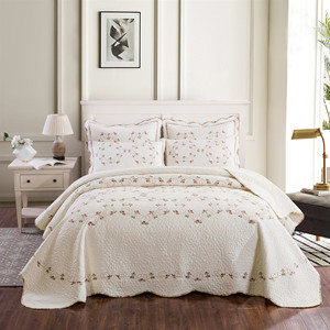 全棉绣花床盖三件套衍缝被夏凉被纯棉绗缝被床罩夹棉床单水洗防滑