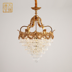 欧式全铜水晶吊灯法式客厅别墅入户玄关北欧黄铜个性创意楼梯灯具