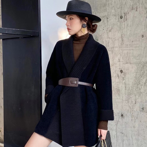 2021秋冬欧韩女仿水貂绒中长款外套拼接腰带潮宽松百搭羊毛呢大衣