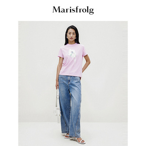 【艺术匠坊】玛丝菲尔2024春新款粉红色圆领时尚印花短袖T恤上衣