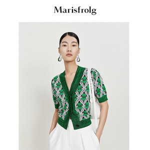 【艺术家灵感】玛丝菲尔针织衫新款时尚绿鸢尾花短袖开衫女
