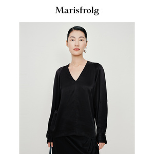 【明星同款】玛丝菲尔春夏新款v领法式黑色衬衣女上衣小众