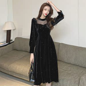 黑色金丝绒连衣裙女秋冬装法式复古气质长裙收腰显瘦亮闪闪打底裙