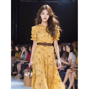 韩国chic2024夏季新款修身显瘦韩版复古气质超仙黄色碎花连衣裙女