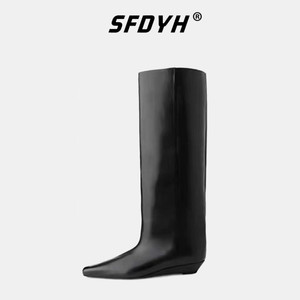 SFDYH骑士靴2023秋新款真皮黑色复古高筒靴不过膝尖头坡跟长筒靴