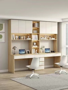 实木书桌书柜带书架双人写字桌家用一体组合学生学习客厅卧室定制