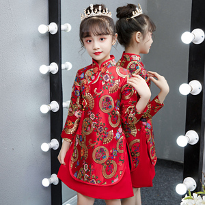 儿童旗袍新年红色中国风女宝宝喜庆过年衣服冬女童唐装拜年服冬季