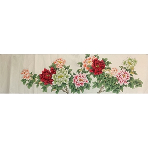 国画工笔画成品花鸟画牡丹六尺对开横幅画芯未裱无款纯手绘真迹