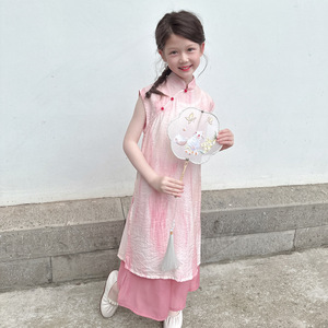 夏季女中大童改良连衣裙儿童阔体裤纯色旗袍中国风新中式套装