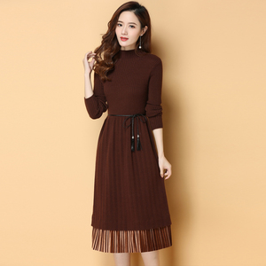 长款过膝毛衣裙女秋冬新款中长款修身打底针织拼接焦糖色连衣裙女