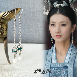 如意芳霏淑妃斓曦绿玛瑙贝壳珍珠古装复古长款汉服日常耳环耳夹