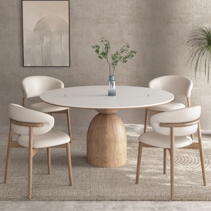 原木奶油风岩板设计师日式实木餐桌圆餐桌家用带转盘白色饭桌圆桌