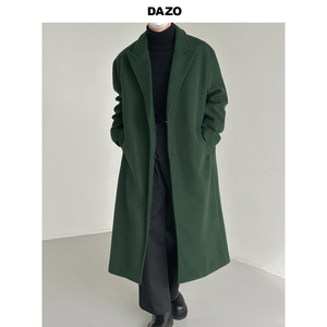 DAZO 高级感绿色毛呢大衣男长款过膝外套冬季加厚西装领呢子风衣