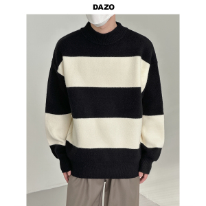 DAZO 挺括版型宽条纹毛衣男黑白色圆领套头针织衫秋冬季休闲百搭