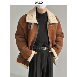 DAZO 羊羔毛拼接麂皮绒短款外套男冬季加厚款复古帅气宽松棉衣