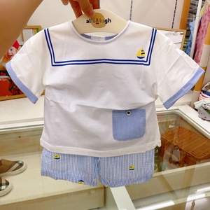 韩国童装 23夏新款男童海军风纯棉圆领短袖T恤 舒适短裤洋气套装