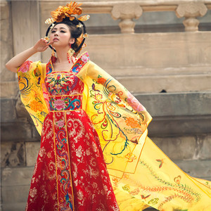 華芬嫁衣 汉服 唐服 凤袍 古装中式礼服 手工刺绣 真丝黄色欧根纱