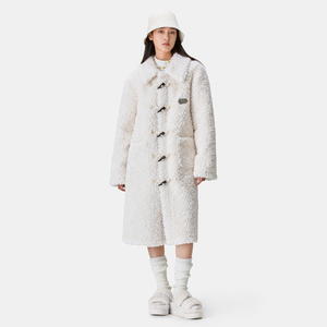 HTCU羊羔毛牛角扣大衣小众设计感保暖冬季皮草羊羔绒中长款棉服女