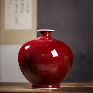 景德镇陶瓷霁红釉花瓶小口石榴瓶中式家居玄关红色圆球摆件装饰品