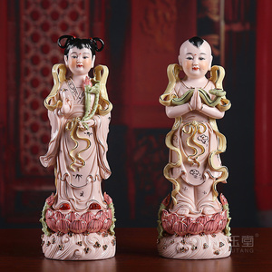 戴玉堂 陶瓷善财童子龙女家用观音对童佛像供奉摆件 金彩金童玉女