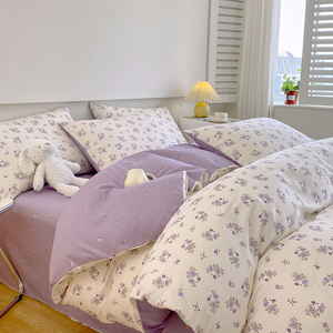 纯棉四件套100全棉床上用品床单被套被罩宿舍三件套ins小清新紫色