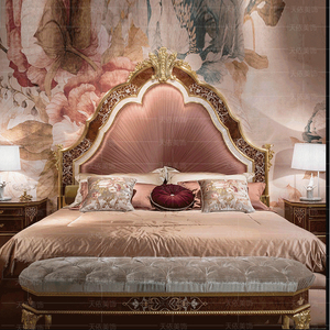 意大利奢华宫廷床实木金箔双人床贝壳镶嵌蓝色婚床别墅高档欧式床