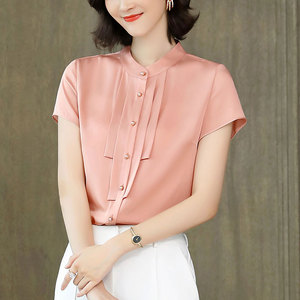 女式小衫短袖杭州丝绸真丝上衣2022新款半袖女桑蚕丝洋气t恤高档