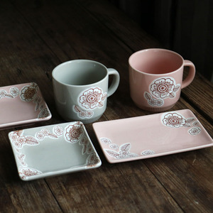 w1962日本浮雕餐盘樱花简约暧昧色小咖啡杯/日式文艺水杯盘碟子