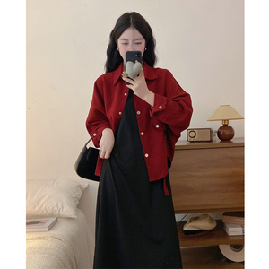 大码女装2024春装韩系宽松显红色衬衫外套黑色叠穿背心连衣裙套装