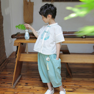 男童汉服夏装儿童中国风山水画唐装宝宝薄款古风国学服六一演出服