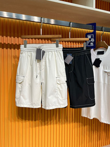 欧洲站夏季高奢潮牌线条设计聚酯纤维口袋拼接宽松工装五分短裤男
