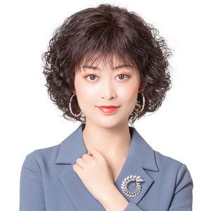 假发套女士中短卷发轻薄真人发丝手织时尚气质妈妈蓬松中老年头套